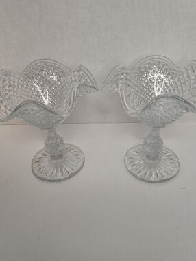 Vintage Ivima Diamond Point Glass Ruffled Rim Footed Compote Dessert Dishes Pair